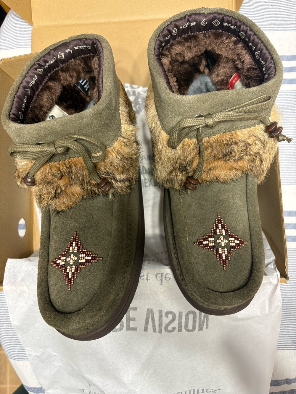 Women’s Olive Faux-Fur Trim Moccasin Boots with Bead Detail